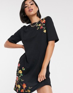 Платье-футболка мини с вышивкой ASOS DESIGN-Черный