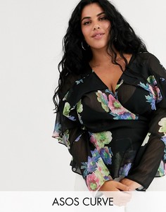 Прозрачный топ с запахом, цветочным принтом и оборками ASOS DESIGN Curve-Мульти