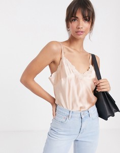 Атласный топ на бретельках и с цветочной вышивкой ASOS DESIGN-Бесцветный