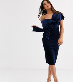 Бархатное платье-футляр миди с завязкой ASOS DESIGN Petite-Темно-синий