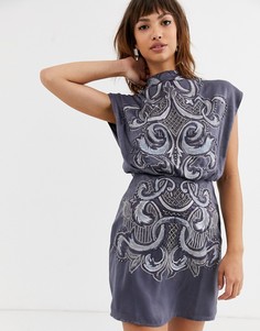 Атласное платье мини с высоким воротом ASOS DESIGN-Темно-синий