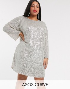 Платье мини с длинными рукавами и пайетками ASOS DESIGN Curve-Серебряный