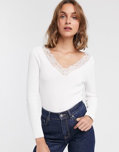 Джемпер с v-образным вырезом и кружевом ASOS DESIGN-Белый