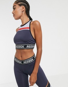 Синий спортивный бюстгальтер с отделкой лентой Reebok Training