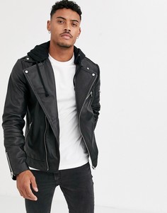 Черная кожаная куртка с капюшоном ASOS DESIGN-Черный
