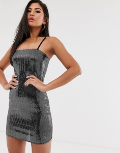 Платье мини в стиле 90-х с квадратным вырезом и отделкой пайетками Missguided-Серебряный