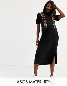Платье-футболка миди с цветочной отделкой ASOS DESIGN Maternity-Черный