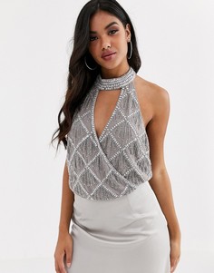 Боди с серебристой отделкой, запахом и халтером ASOS DESIGN-Серебряный