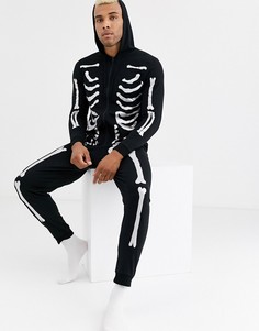 Комбинезон с капюшоном и серебристым принтом скелета ASOS DESIGN Halloween-Черный