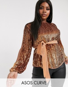 Топ с рукавами \летучая мышь\", пайетками и поясом ASOS DESIGN Curve-Зеленый