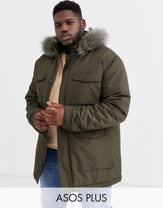 Парка цвета хаки с искусственным мехом ASOS DESIGN Plus-Зеленый