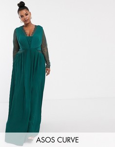 Платье макси с кружевом и плиссировкой ASOS DESIGN Curve-Зеленый