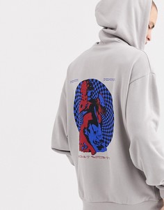 Oversize-худи серого цвета с принтом на спине ASOS DESIGN-Серый