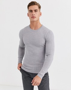 Светло-серый вязаный джемпер из мериносовой шерсти с узором \косичка\" ASOS DESIGN