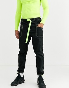 Черные зауженные брюки карго с контрастной строчкой и поясом ASOS DESIGN-Черный