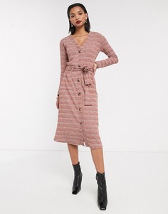 Меланжевое платье миди на пуговицах с поясом ASOS DESIGN-Коричневый