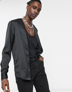 Черная атласная рубашка классического кроя с V-образным вырезом ASOS DESIGN-Черный