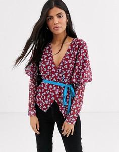 Блузка с цветочным принтом и контрастной завязкой Lost Ink-Мульти