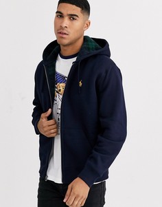 Темно-синий худи в клетку на подкладке из искусственного меха с логотипом Polo Ralph Lauren