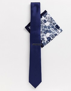 Темно-синий галстук, платок для нагрудного кармана и булавка Moss London