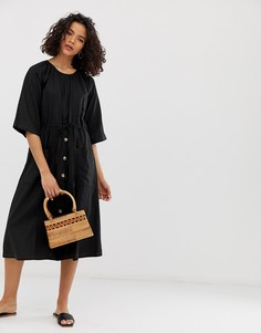 Льняное платье миди на пуговицах ASOS DESIGN-Черный