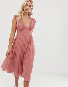 Платье миди с глубоким вырезом, складками и кружевом ASOS DESIGN-Розовый