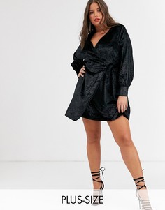 Черное бархатное платье мини с поясом и пышными рукавами на манжетах Fashion Union Plus-Черный