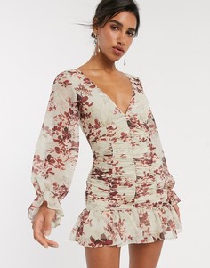 Платье мини со сборками и принтом роз ASOS DESIGN-Мульти