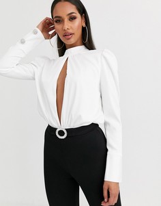 Боди белого цвета с присборенными рукавами на манжетах Missguided-Белый