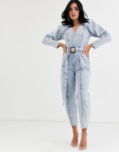 Мраморный джинсовый комбинезон с суженными книзу штанинами ASOS DESIGN-Синий