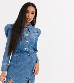 Джинсовое платье-рубашка мини в стиле вестерн с пышными рукавами ASOS DESIGN Petite-Синий