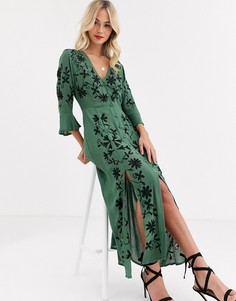 Платье макси с вышивкой ASOS DESIGN-Зеленый