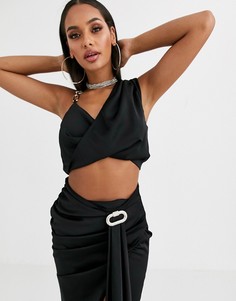 Черный атласный драпированный кроп-топ от комплекта Missguided