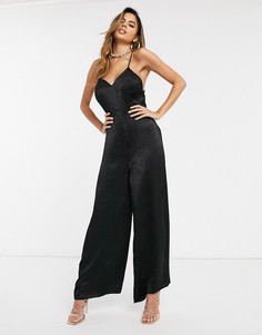 Атласный комбинезон с глубоким вырезом ASOS DESIGN-Черный