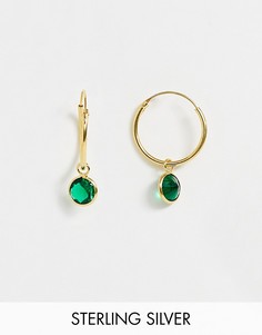 Серьги-кольца из позолоченного серебра с зеленым камнем ASOS DESIGN-Золотой