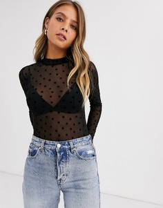 Сетчатый топ в горошек с высоким воротом New Look-Черный
