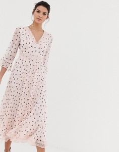 Плиссированное платье миди в горошек с кружевными вставками ASOS DESIGN-Мульти