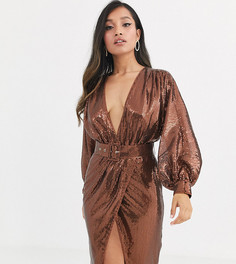 Платье с с пышным рукавом на манжете и переливающимися пайетками ASOS DESIGN Petite-Мульти