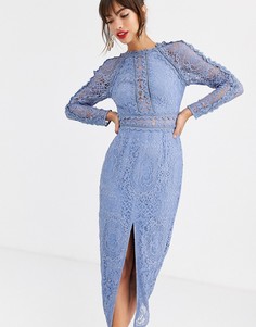 Кружевное платье-футляр с длинными рукавами и фигурной отделкой ASOS DESIGN-Синий