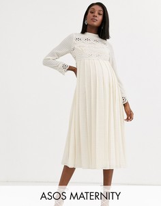 Плиссированное платье миди с высоким воротом и кружевными вставками ASOS DESIGN Maternity-Кремовый