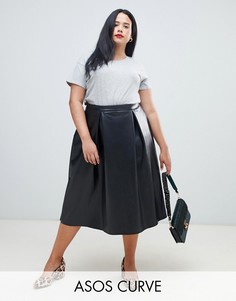 Юбка миди из искусственной кожи со складками ASOS DESIGN Curve-Черный