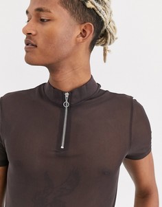 Тонкая сетчатая обтягивающая футболка с воротом на молнии ASOS DESIGN-Коричневый