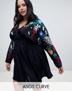 Свободное платье мини с вышивкой ASOS DESIGN Curve-Черный