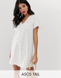 Свободное платье с вышивкой ришелье и оборками на рукавах ASOS DESIGN Tall-Белый