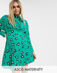 Чайное платье мини с высоким воротом и цветочным принтом ASOS DESIGN Maternity-Мульти