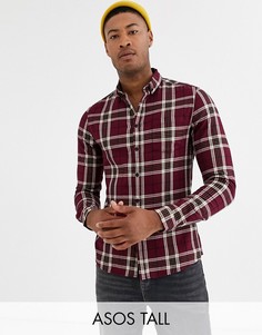 Узкая бордовая рубашка в клетку ASOS DESIGN Tall-Красный