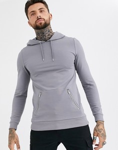 Серое обтягивающее худи с серебристыми молниями на карманах ASOS DESIGN-Серый