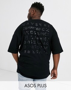 Супердлинная oversize-футболка с блестящим однотонным принтом на спине ASOS DESIGN Plus-Черный