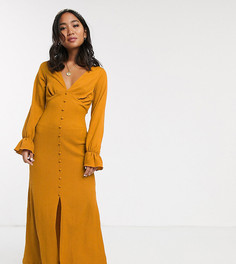 Фактурное платье макси на пуговицах с длинными рукавами ASOS DESIGN Petite-Желтый