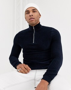 Темно-синий обтягивающий вельветовый свитшот с короткой молнией ASOS DESIGN
